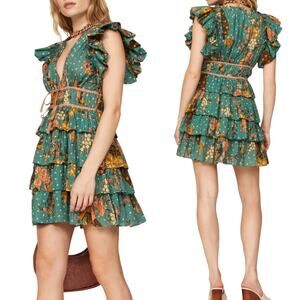 Ulla Johnson Women's Marni Mini Dress Floral, Ruffle 'Hummingbird' Green, Size 6